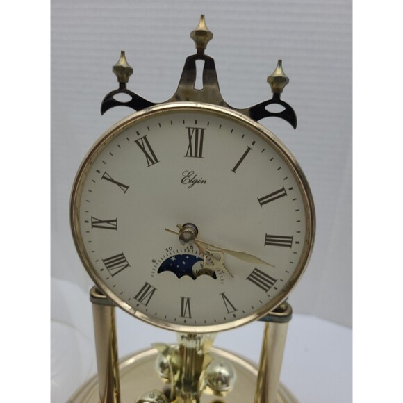 Elgin Moon Phase Desk Mantle Clock Quartz Glass Brass Dome 11" Parts - Picture 4 of 10